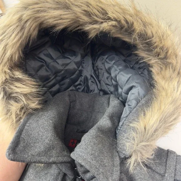 NWT | Alpine Swiss Parka Trench Pea Coat Belt Jacket Faux Fur Hood | Gray |Small - Picture 12 of 13